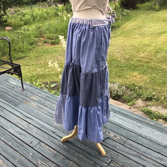 Tiered boho, cottagecore patchwork prairie.  men’s shirt upcycle maxi skirt S-XL - Picture 8 of 13